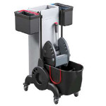 CARRELLI PULIZIA | CARRELLO MONO VASCA CON DIVISORIO 15+10LT STRIZZATORE PREXA I + 2 SECCHIELLI 7LT E SUPPORTO SACCO 90LT - 